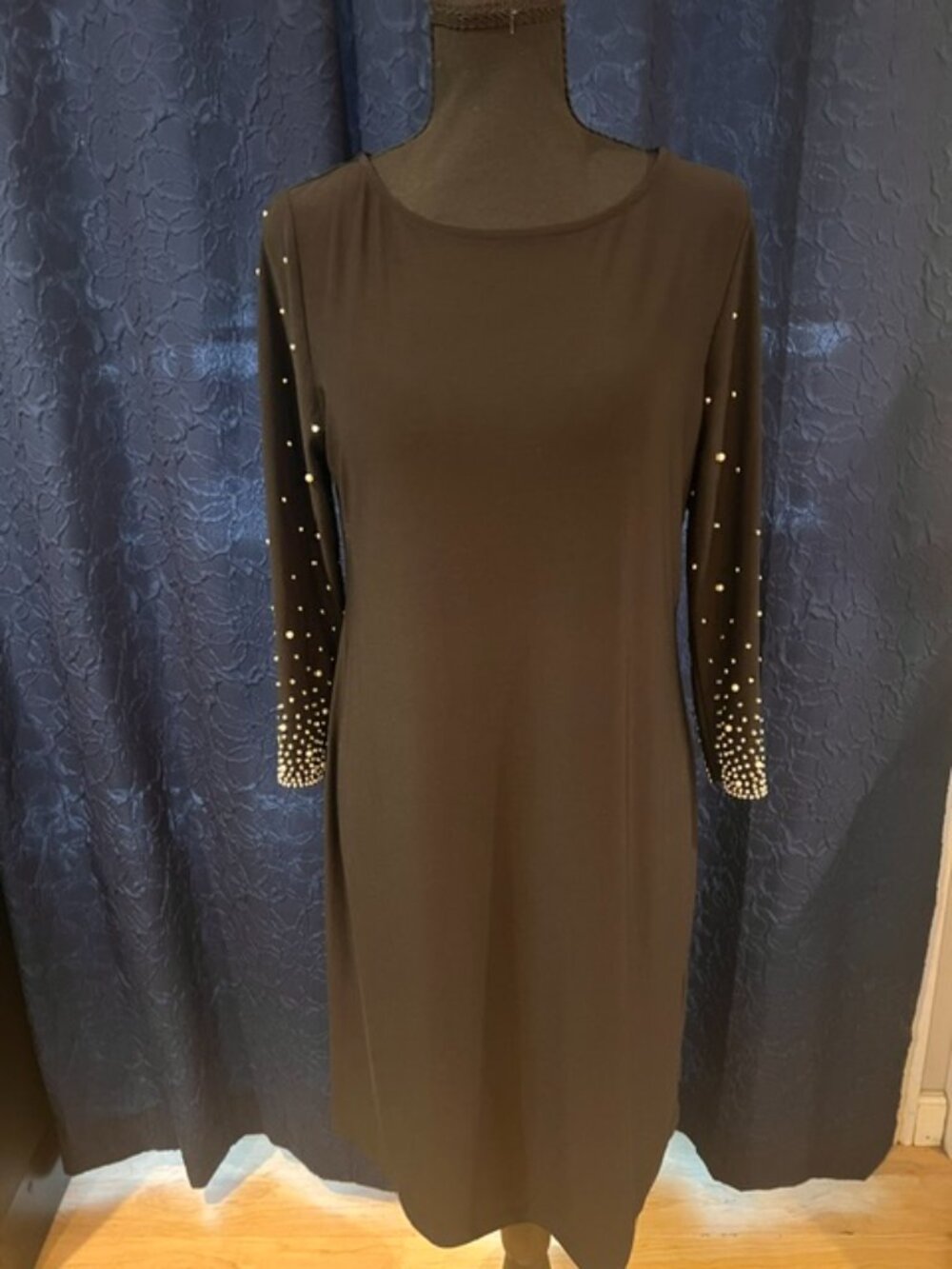 Chaus New York Pearl & Rhinestone Embellished Sleeve Sheath Dress Black Size M